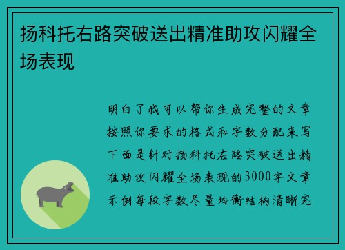 扬科托右路突破送出精准助攻闪耀全场表现